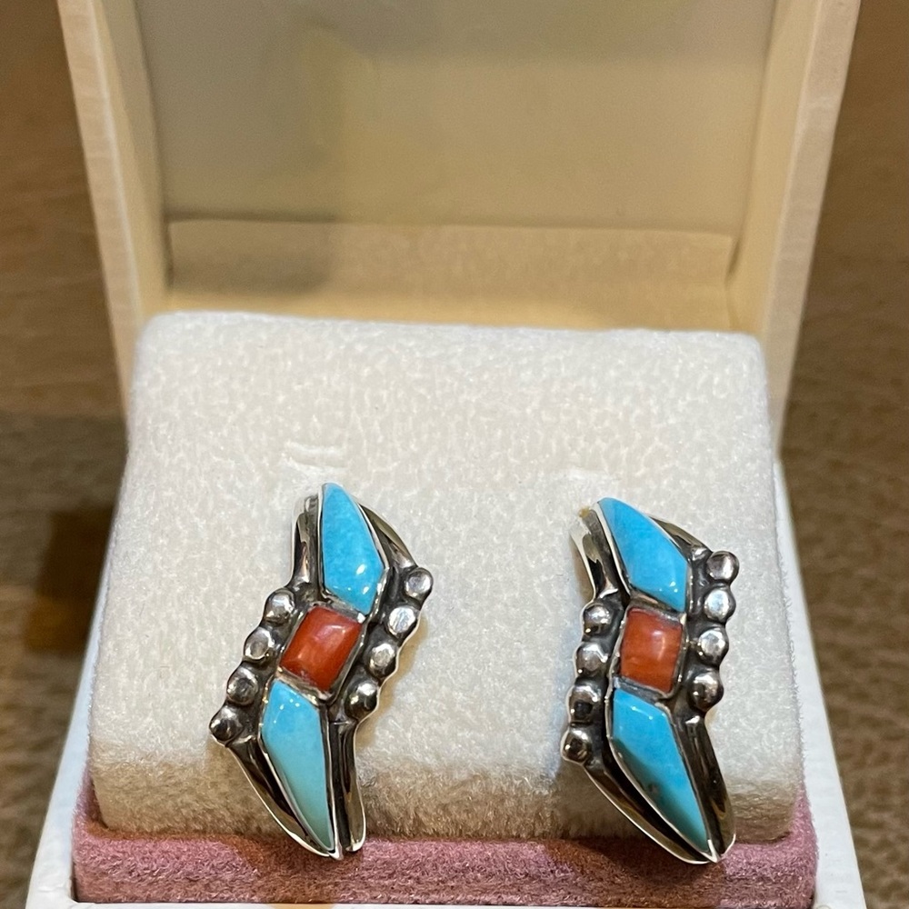 A vintage Native American (Zuni) SS earrings inlaid with Turquoise and Coral